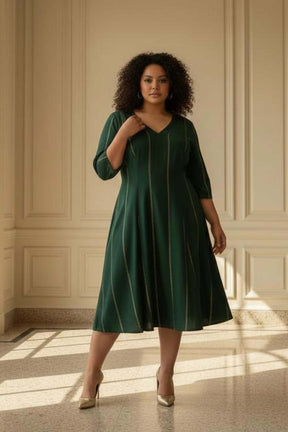 Plus Size Emerald  Green Golden Pin Stripe Midi Dress