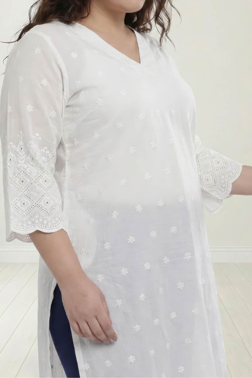 Plus Size White Cotton Schiffli V Neck Kurta for Women