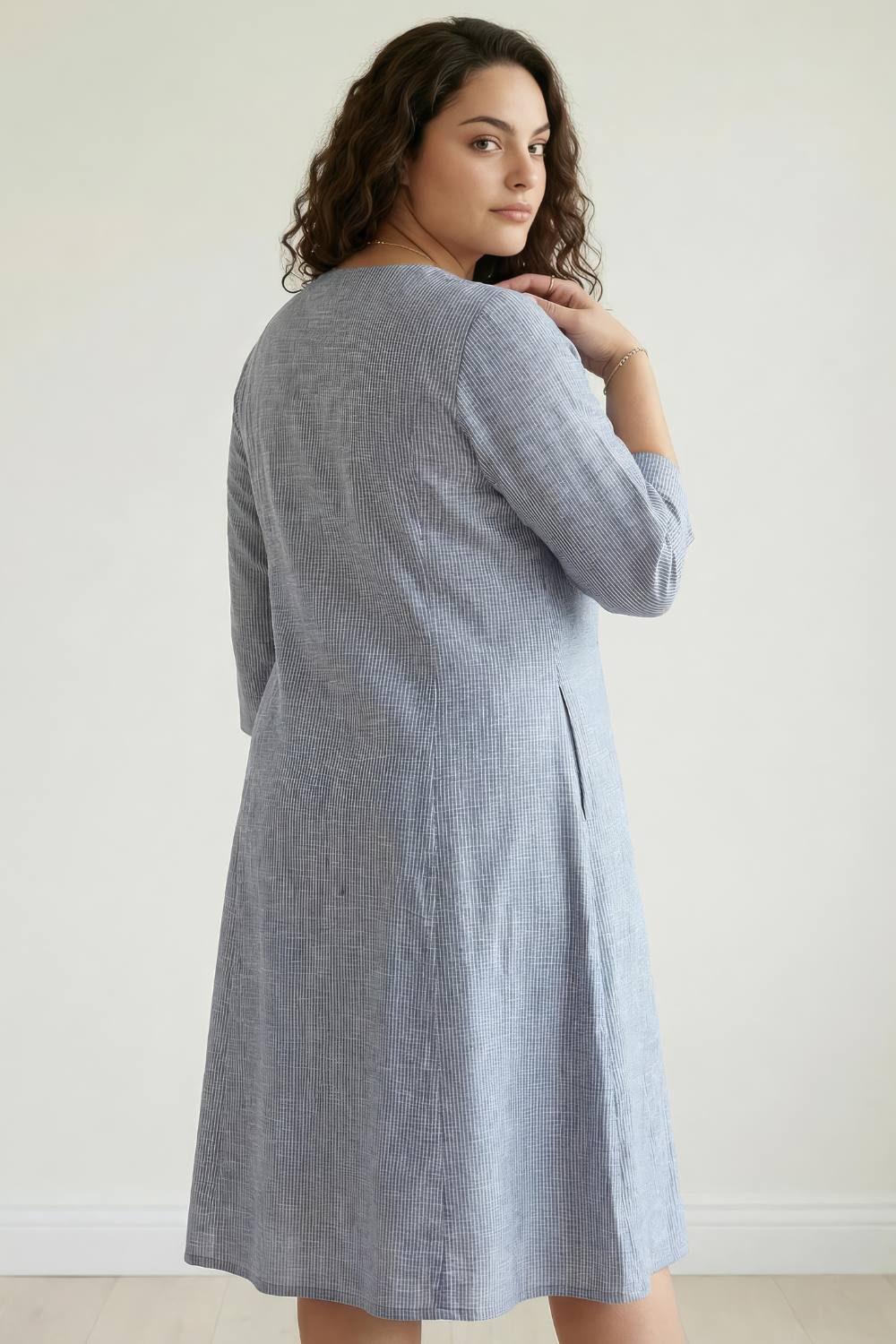 Comfortable Plus Size Blue Chambray Pinstripe Midi Dress