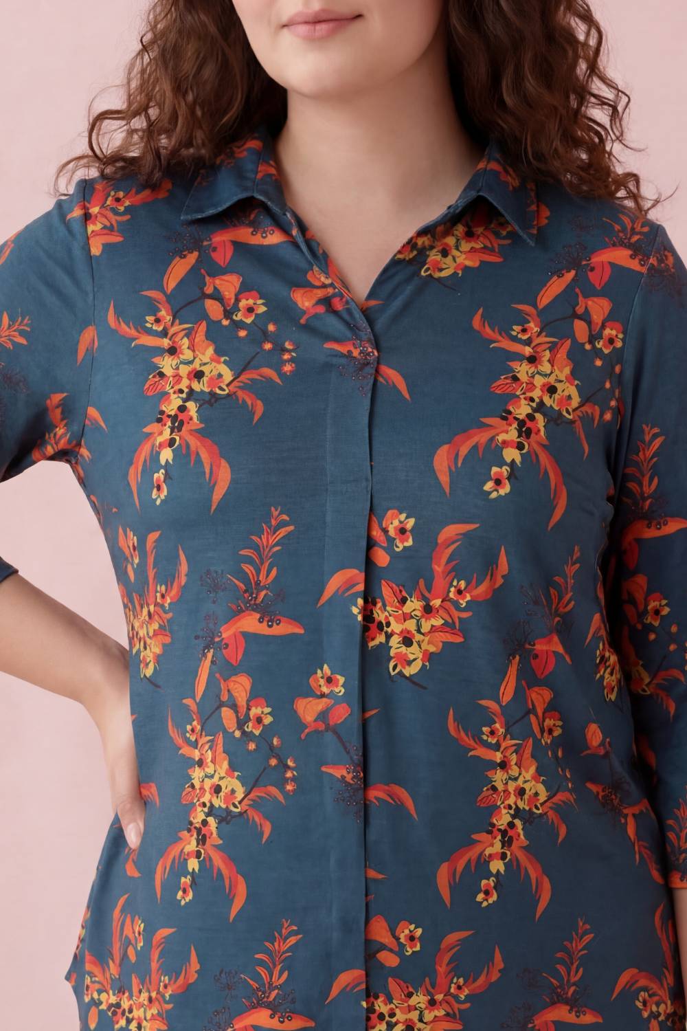 Comfortable Teal Red Floral Centre Pleat Top