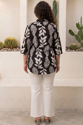 Plus Size Black White Leaf Print Cuban Collar Rayon Shirt