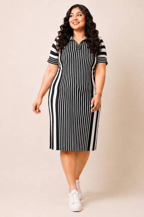 Black White Stripe Printed Polo Dress