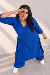 Plus Size SoftEase V Neck Blue Cotton Kurta Coord Set