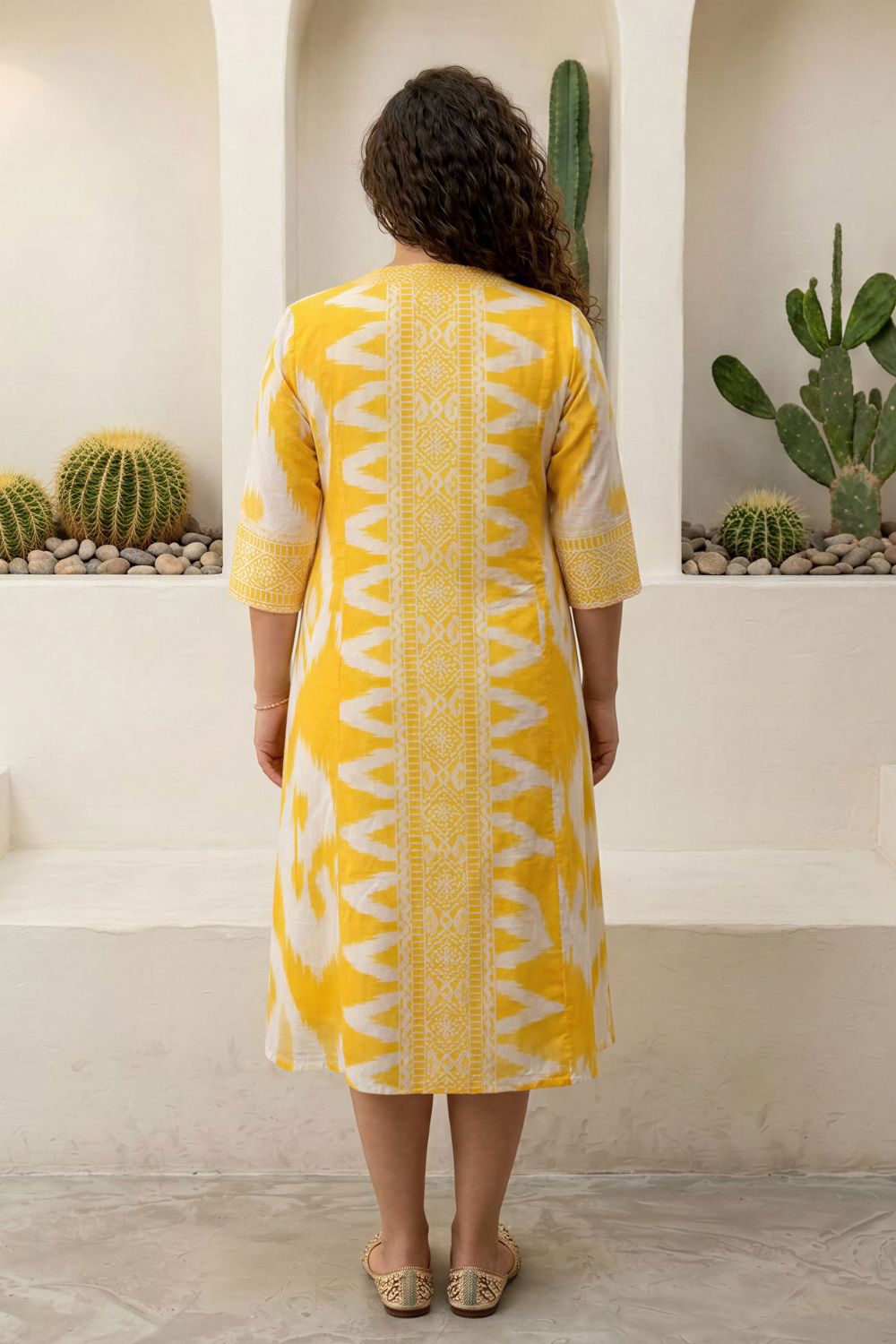 Plus Size Yellow Ikat Print Cotton Midi Dress