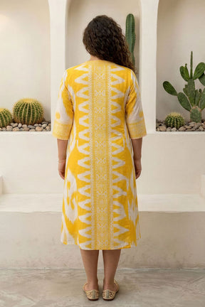 Plus Size Yellow Ikat Print Cotton Midi Dress