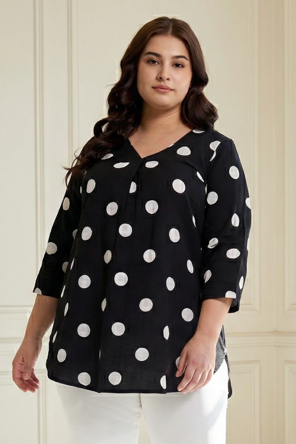 Plus Size Black Polka Print V Neck Rayon Top for Women