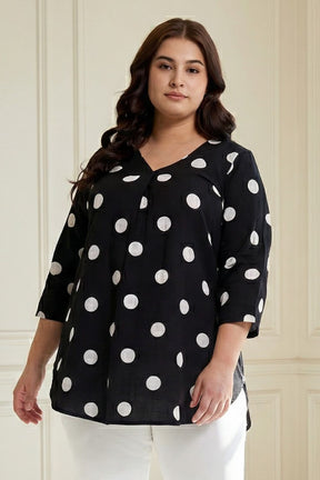 Plus Size Black Polka Print V Neck Rayon Top