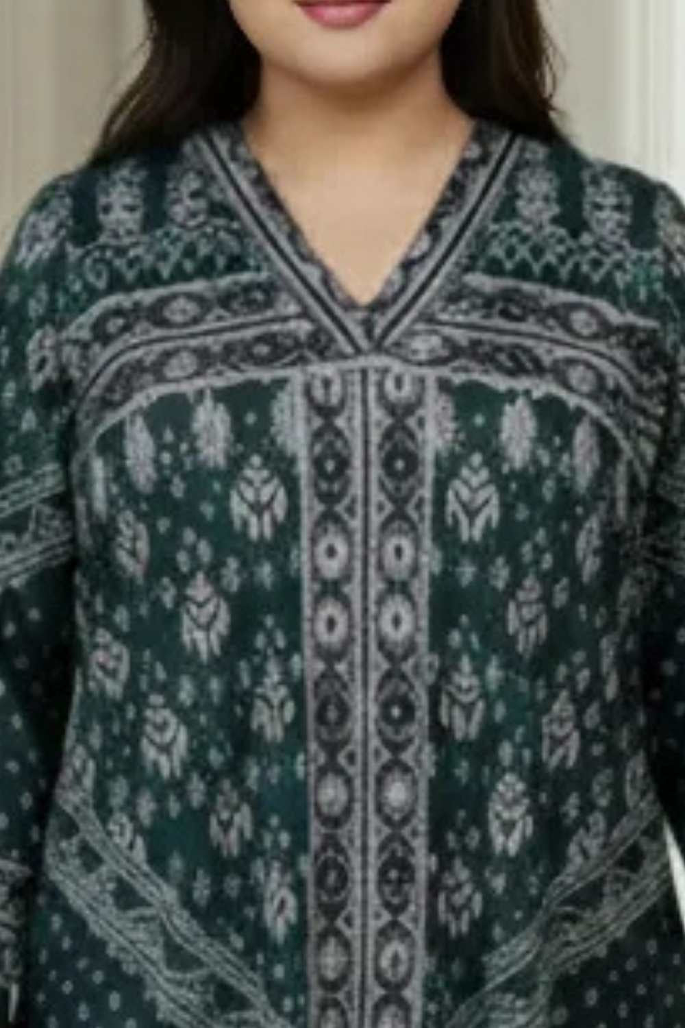 Plus Size Teal Printed V Neck SnugWeave™ Winter Kurta for Women