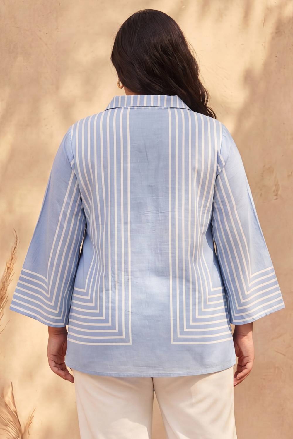 Plus Size Blue Stripe Printed Cotton Top