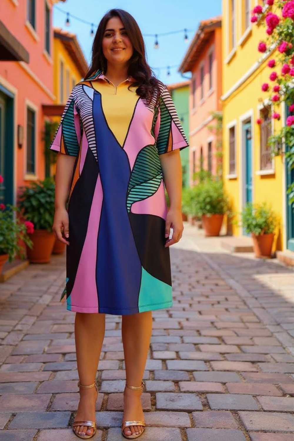 Plus Size Plus Size Modern Art Printed Polo Dress