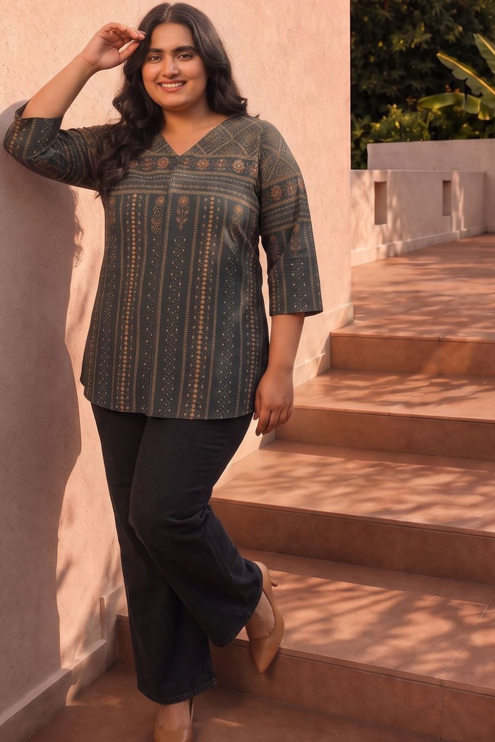 Plus Size Plus Size Charcoal Green Printed Top