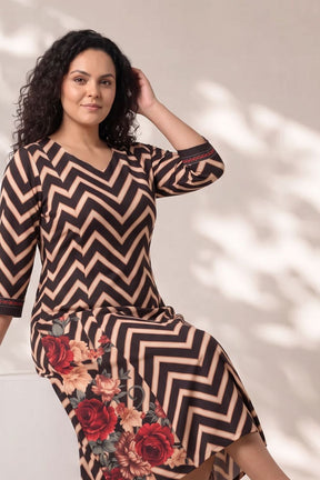 Plus Size Black Rose Chevron Print Midi Dress