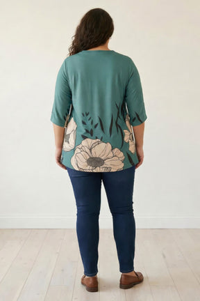 Plus Size Green Beige Print Centre Pleat Top