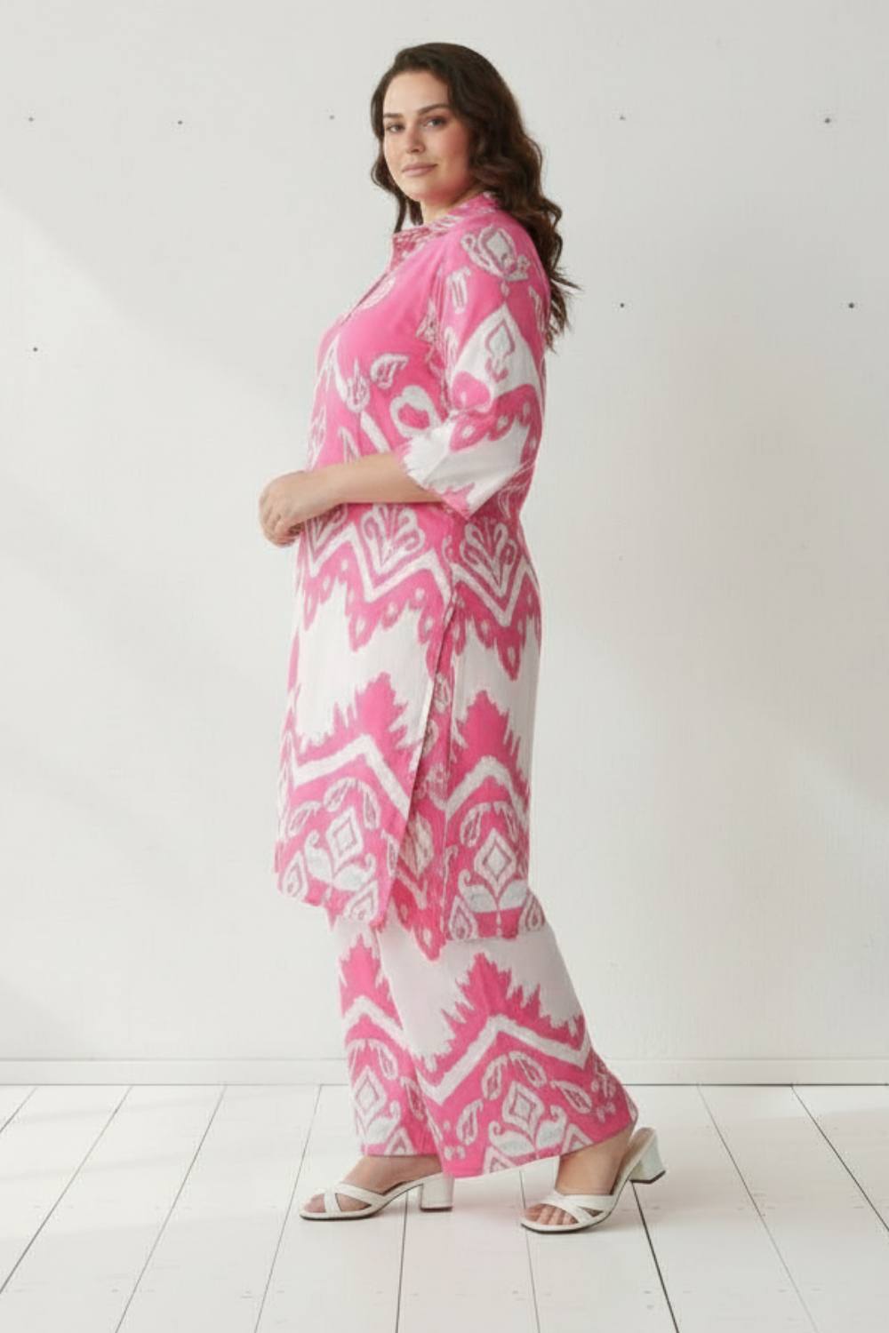 Comfortable Plus Size Pink White Printed Co-ord Set