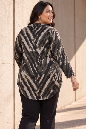 Plus Size Black & Beige Abstract V Neck  SnugWeave Winter Top