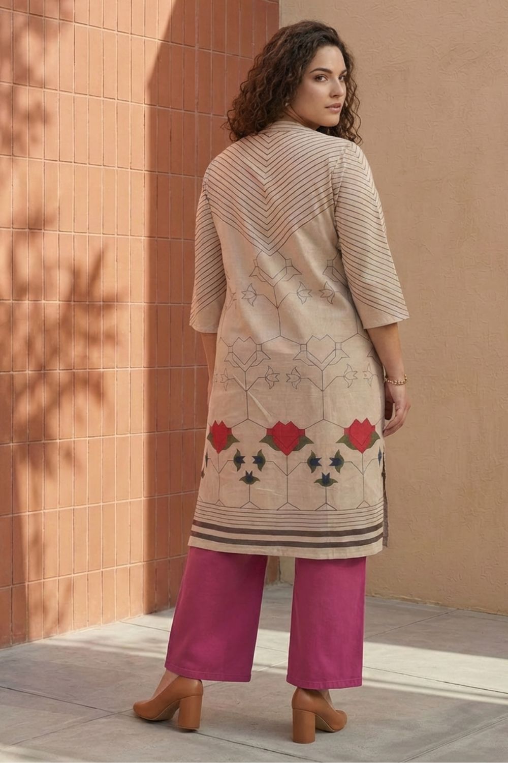 Plus Size Beige Geometric & Floral Print Cotton V Neck Kurta