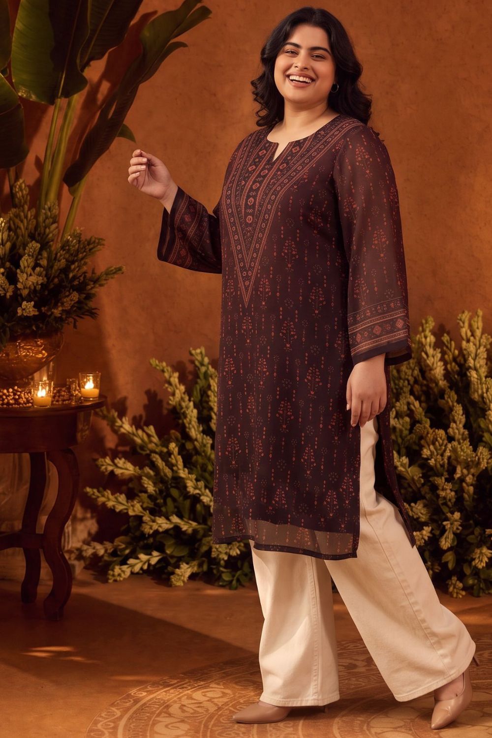 Comfortable Plus Size Royal Motif Straight Georgette Kurta