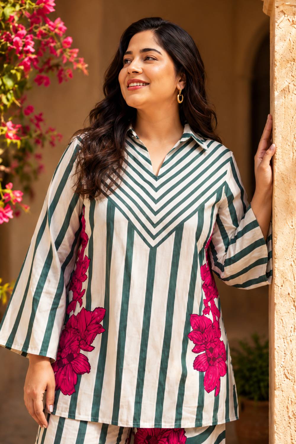 Plus Size Green Stripe Floral Coord Set