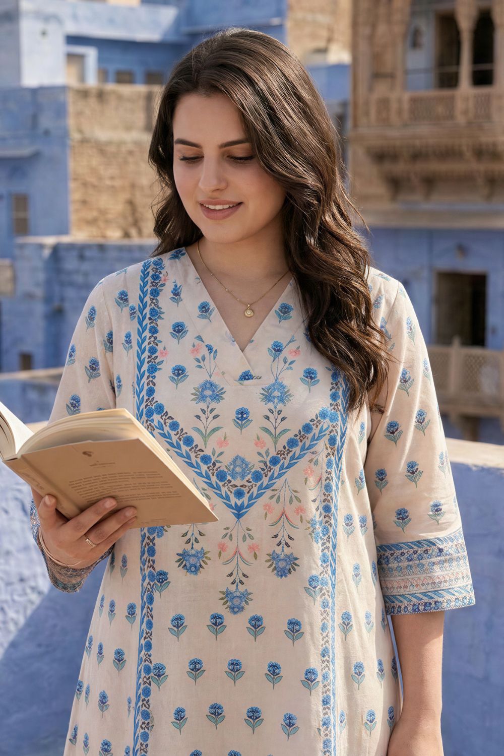 Plus Size Beige Blue Floral Buta Print Cotton Midi Dress for Women