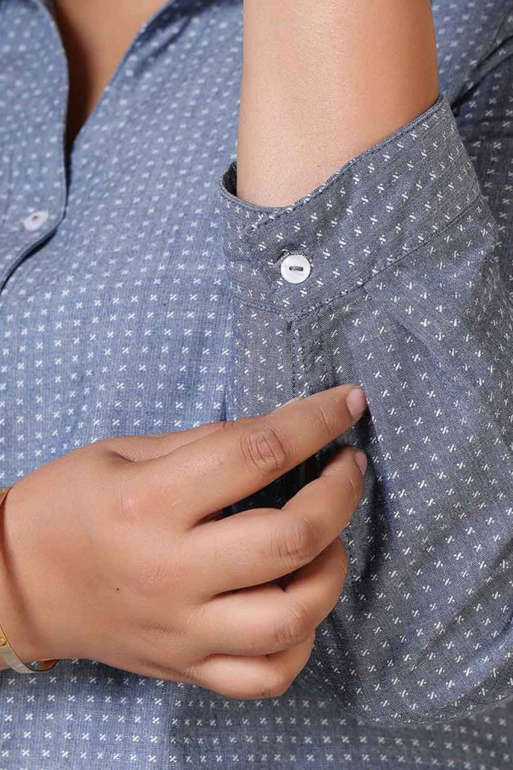 Comfortable Plus Size Mid Blue Cross Weave Denim Cotton Shirt
