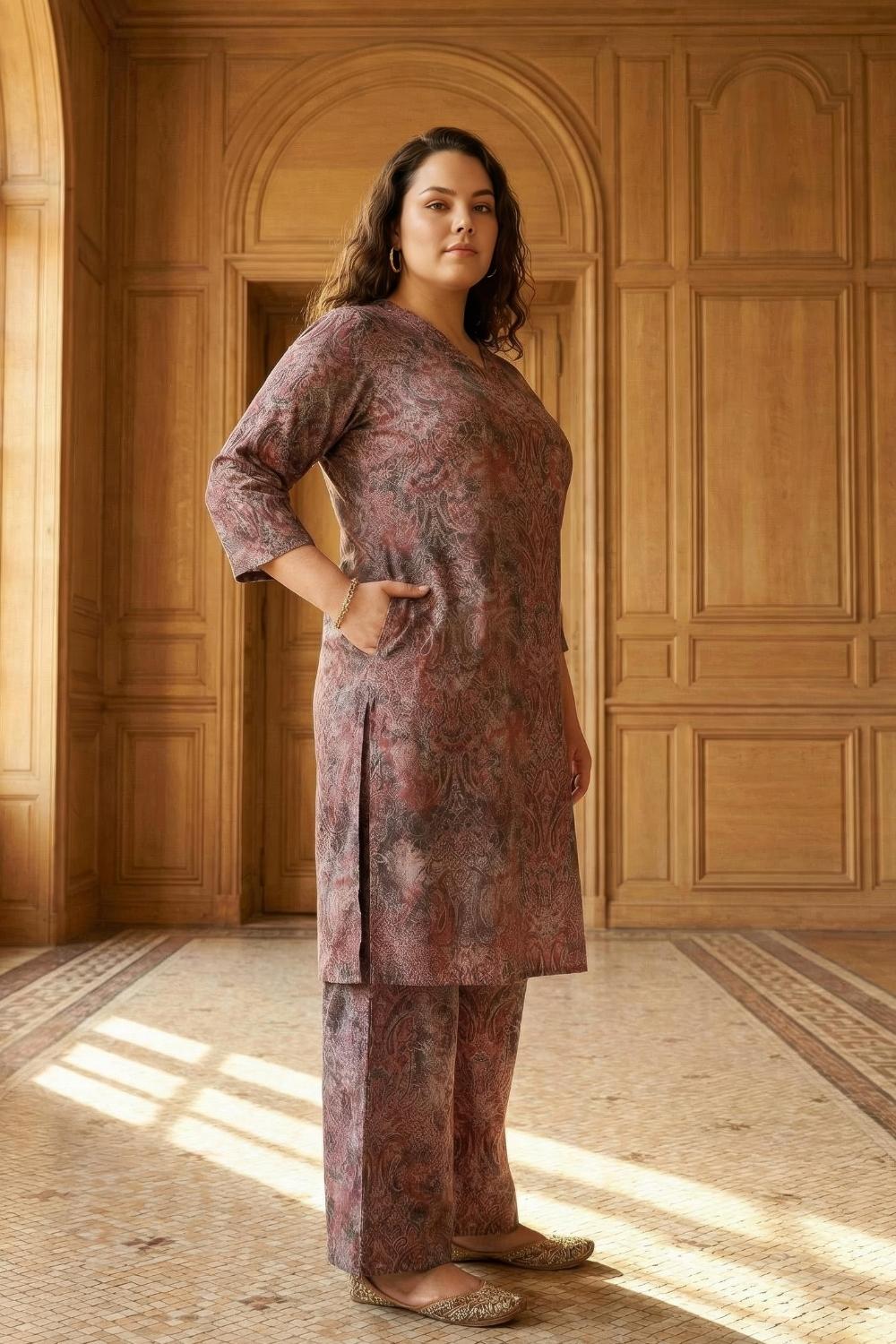 Comfortable Plus Size Maroon Paisley SnugWeave™ Winter Kurta Coord Set