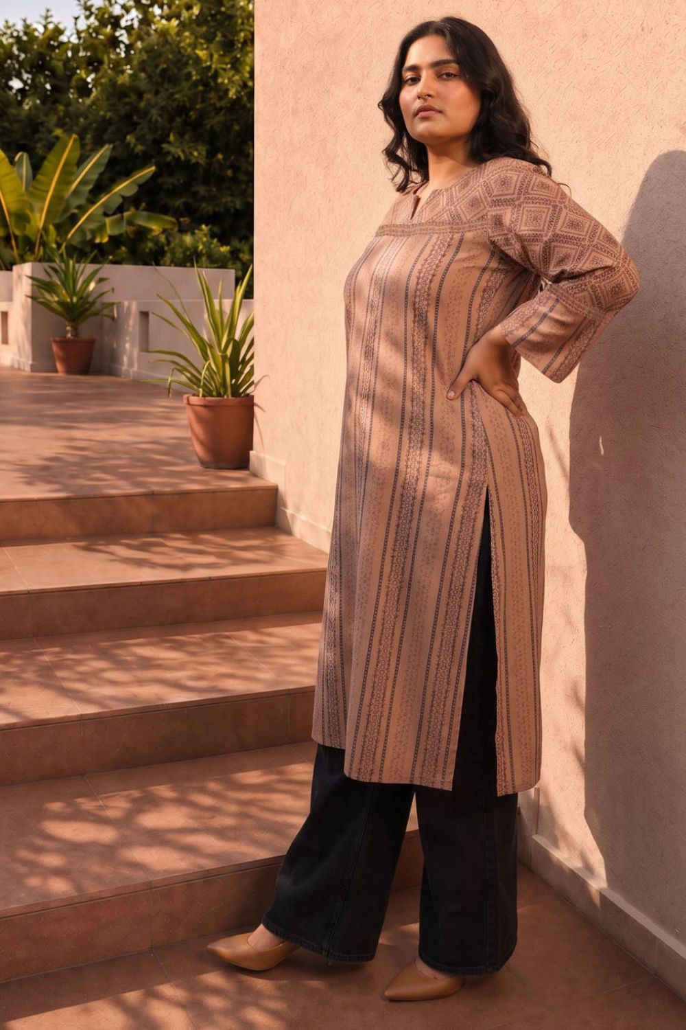 Plus Size Ethnic Print Straight Cotton Kurta for Women