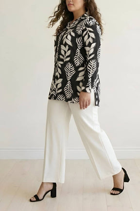 Plus Size Black White Leaf Print High Slit Longline Shirt