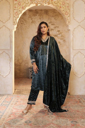 Plus Size Emerald Velvet V Neck Suit Set