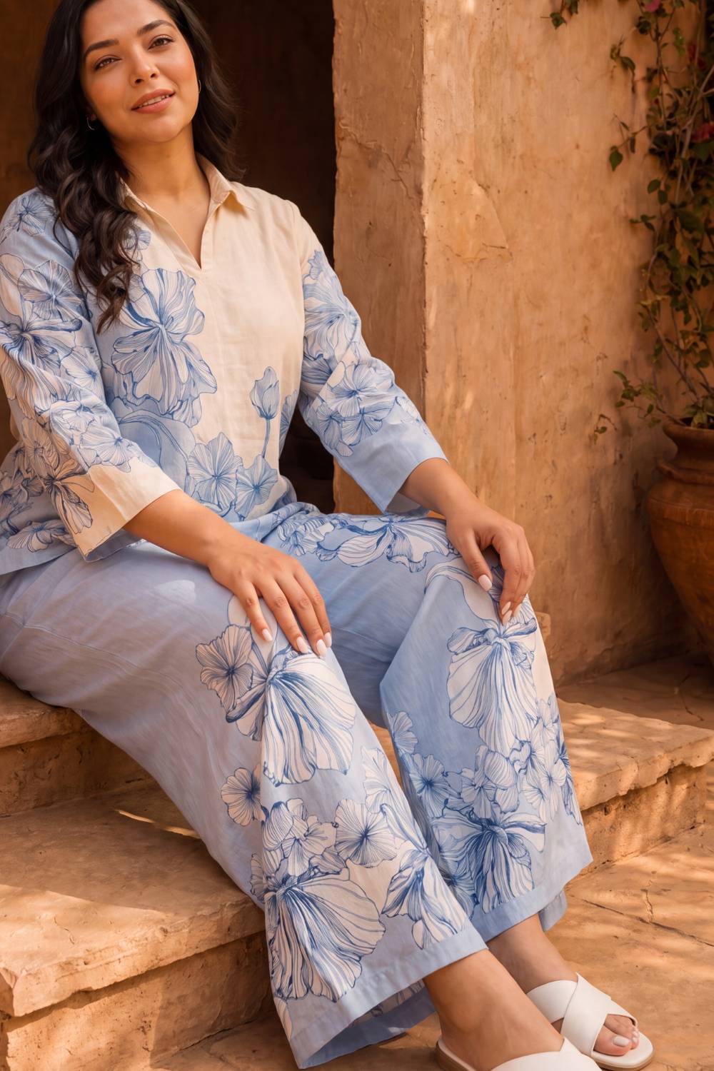 Comfortable Plus Size Blue Floral Print Cotton Coord Set