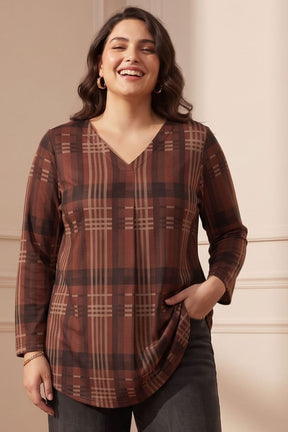Plus Size Brown Checkered Print SnugWeave Winter Top