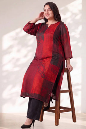 Plus Size Red and Deep Black Abstract Textured Print Satin Georgette Kurta