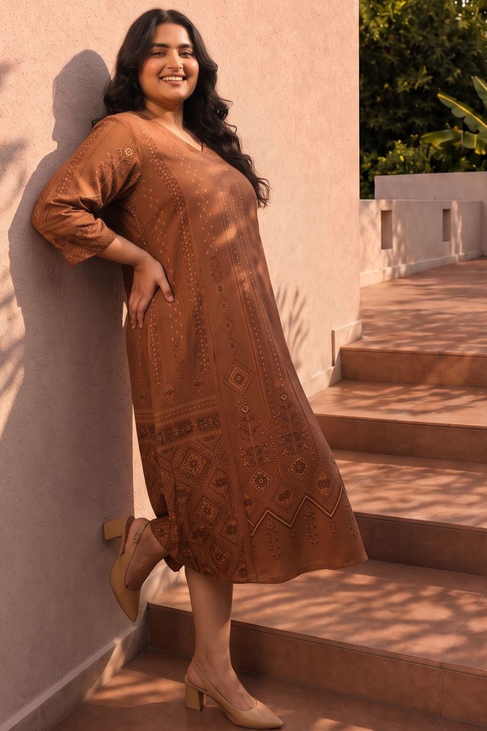 Comfortable Plus Size Brown Ethnic Print Midi Dress