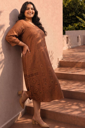 Plus Size Brown Ethnic Print Midi Dress