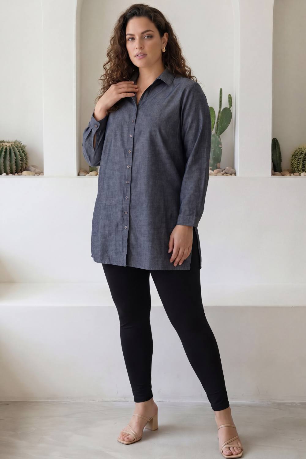 Plus Size Denim Cotton High Slit Longline Shirt