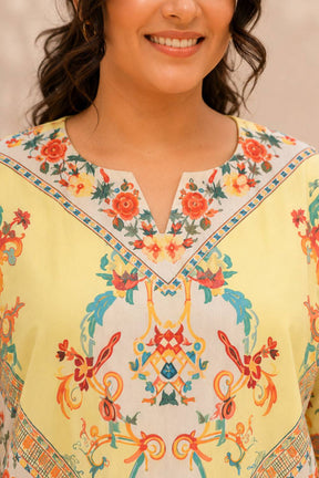 Plus Size Multicolor Floral Placement print cotton Kurti