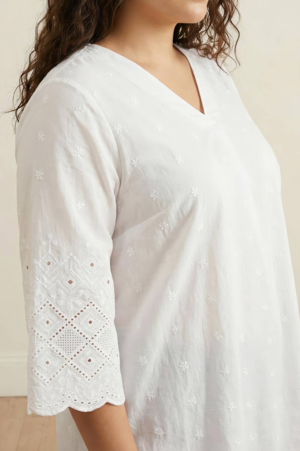 Plus Size White Cotton Schiffli V Neck Top for Women