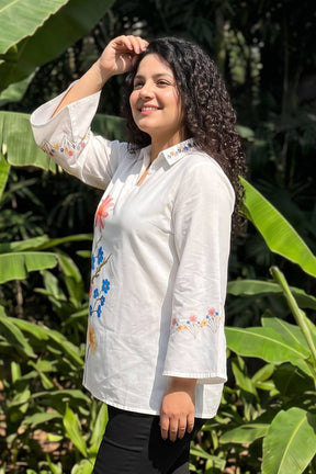 Plus Size White Floral Printed Cotton Top