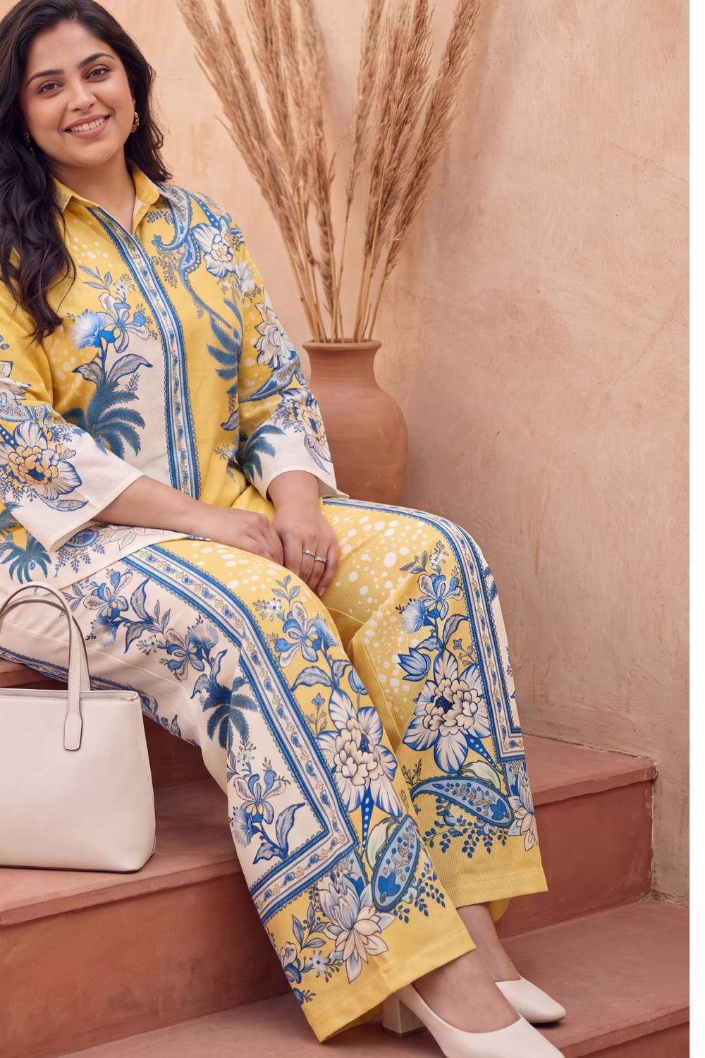 Plus Size Plus Size Yellow Floral Printed Cotton Coord Set
