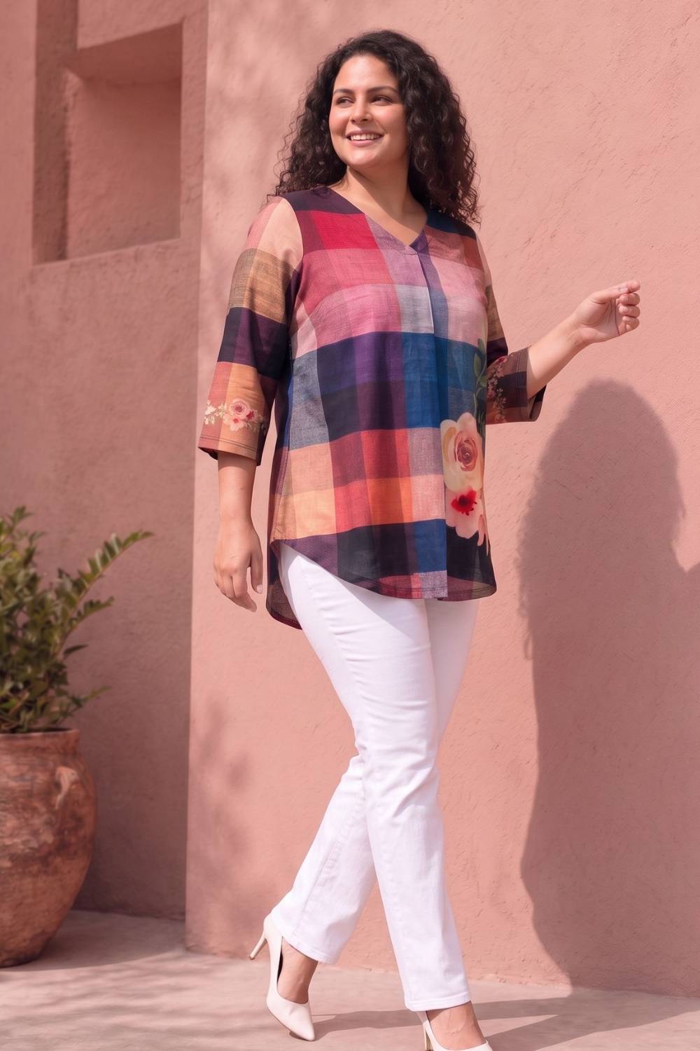 Comfortable Plus Size Floral Check Print Top