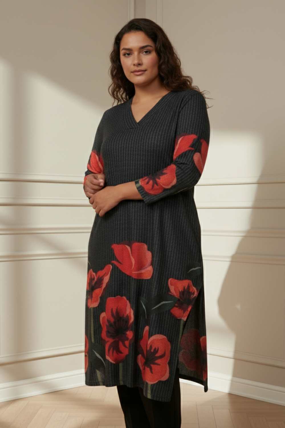 Comfortable Plus Size Black Floral Borders SnugWeave™ Winter Kurta