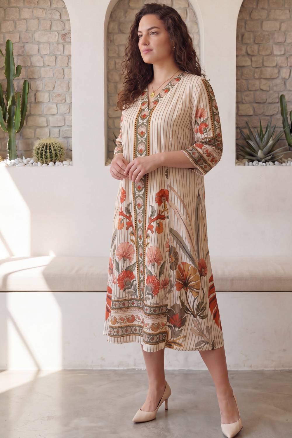 Comfortable Floral Stripe Grace Plus Size Midi Dress
