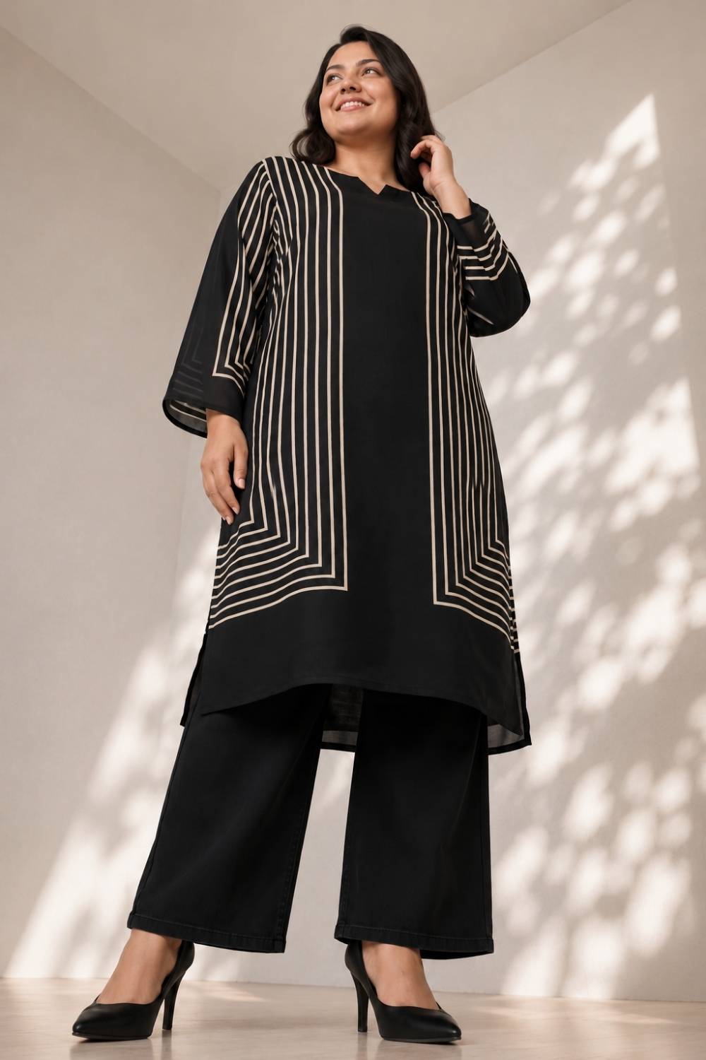 Comfortable Plus Size Black Geometric Stripe Print Georgette Kurta