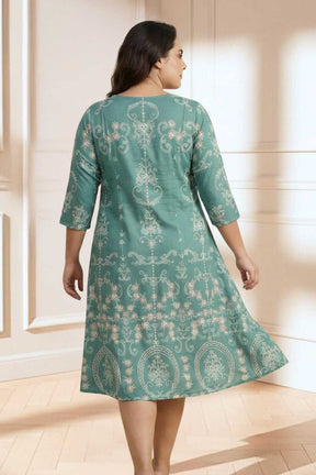 Plus Size Green Ethnic Print A line Dress