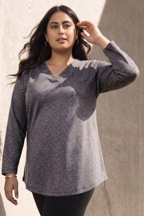 Plus Size Grey Melange  V Neck SnugWeave Winter Top