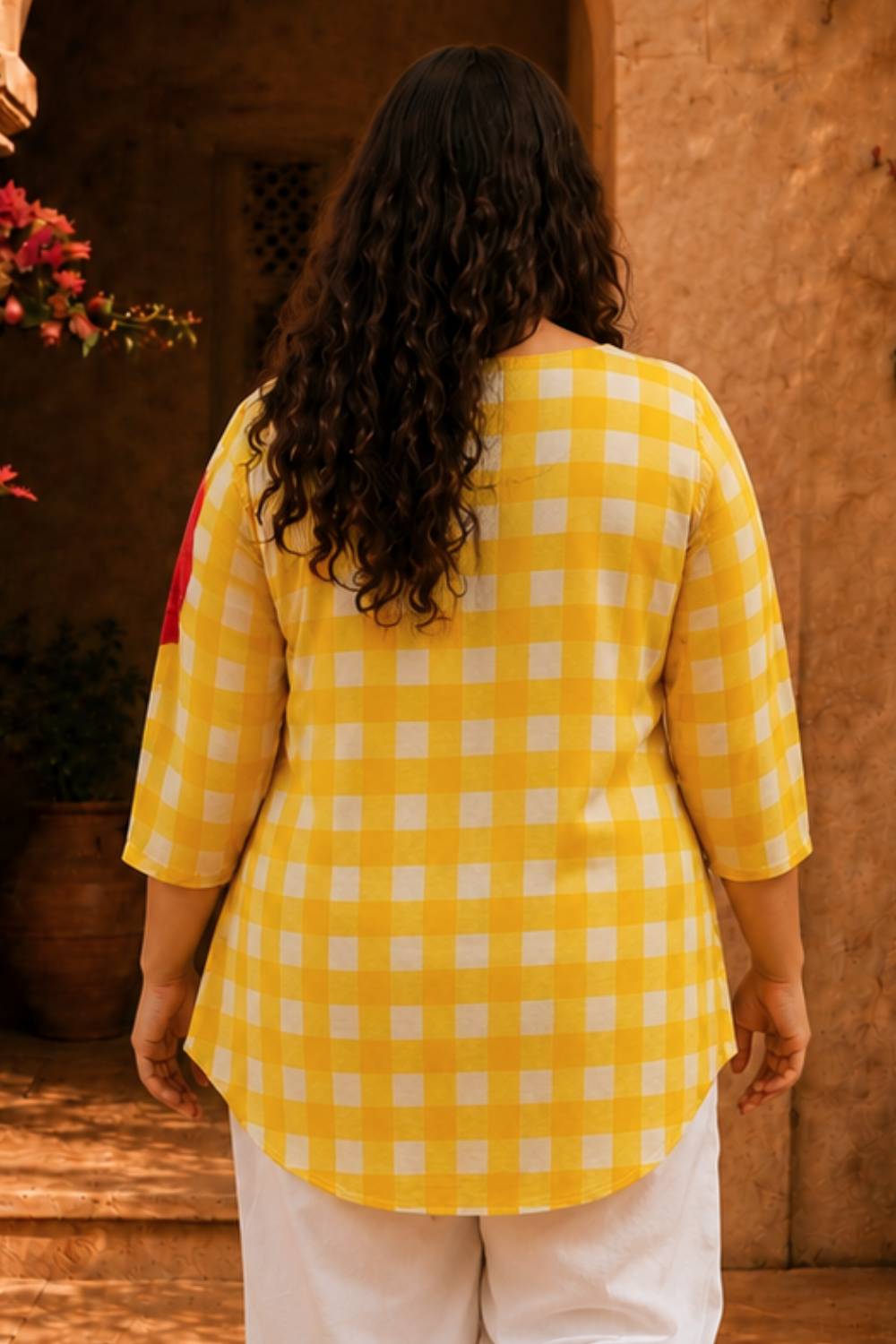 Comfortable Plus Size Yellow Gingham Floral Print Top