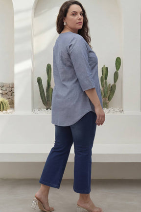 Plus Size Mid Blue Cross Weave Denim Cotton Top