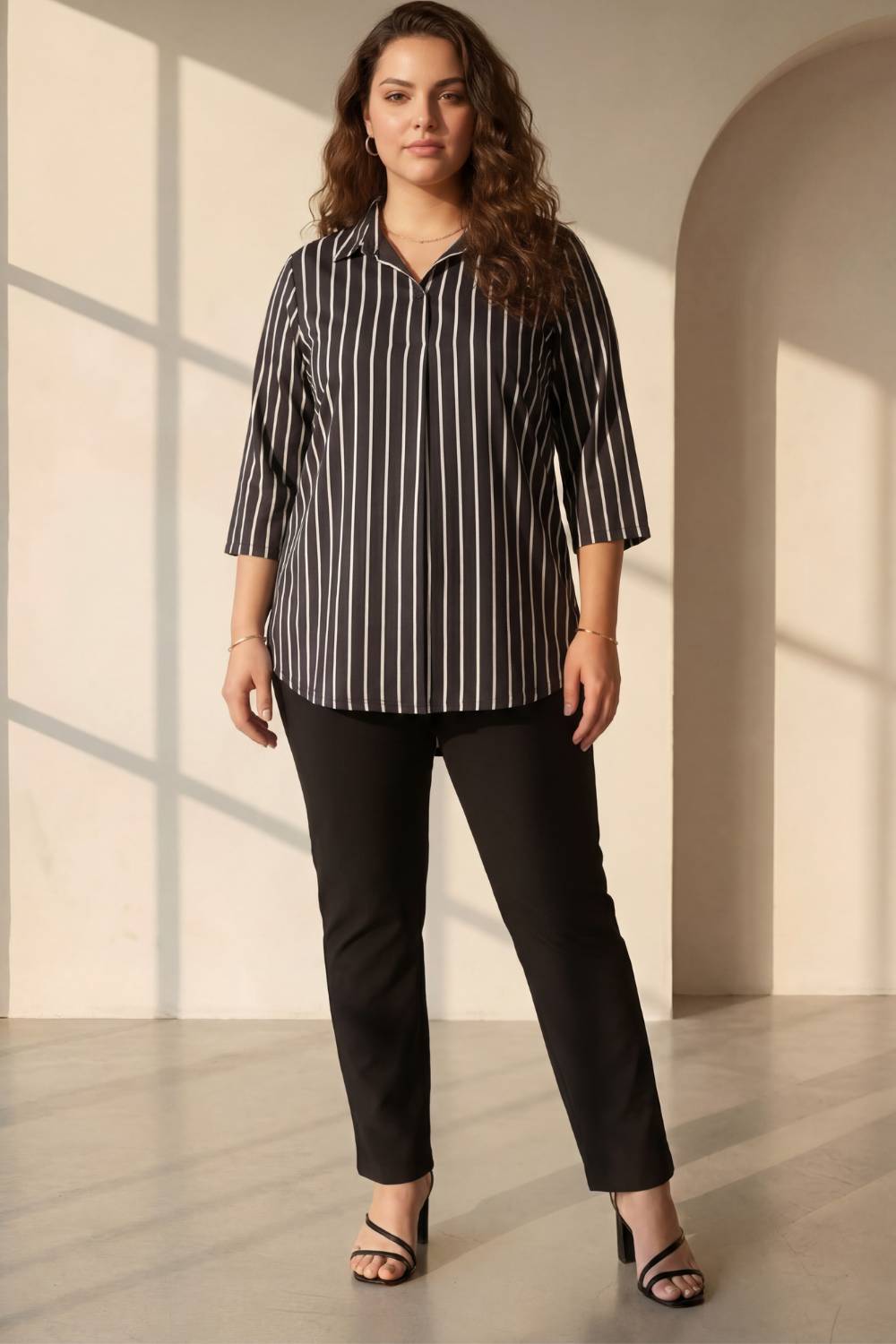 Comfortable Black Striped Centre Pleat Top