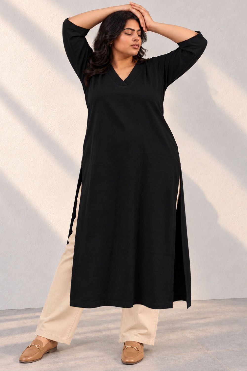 Comfortable Plus Size SoftEase V Neck Black Cotton Kurta