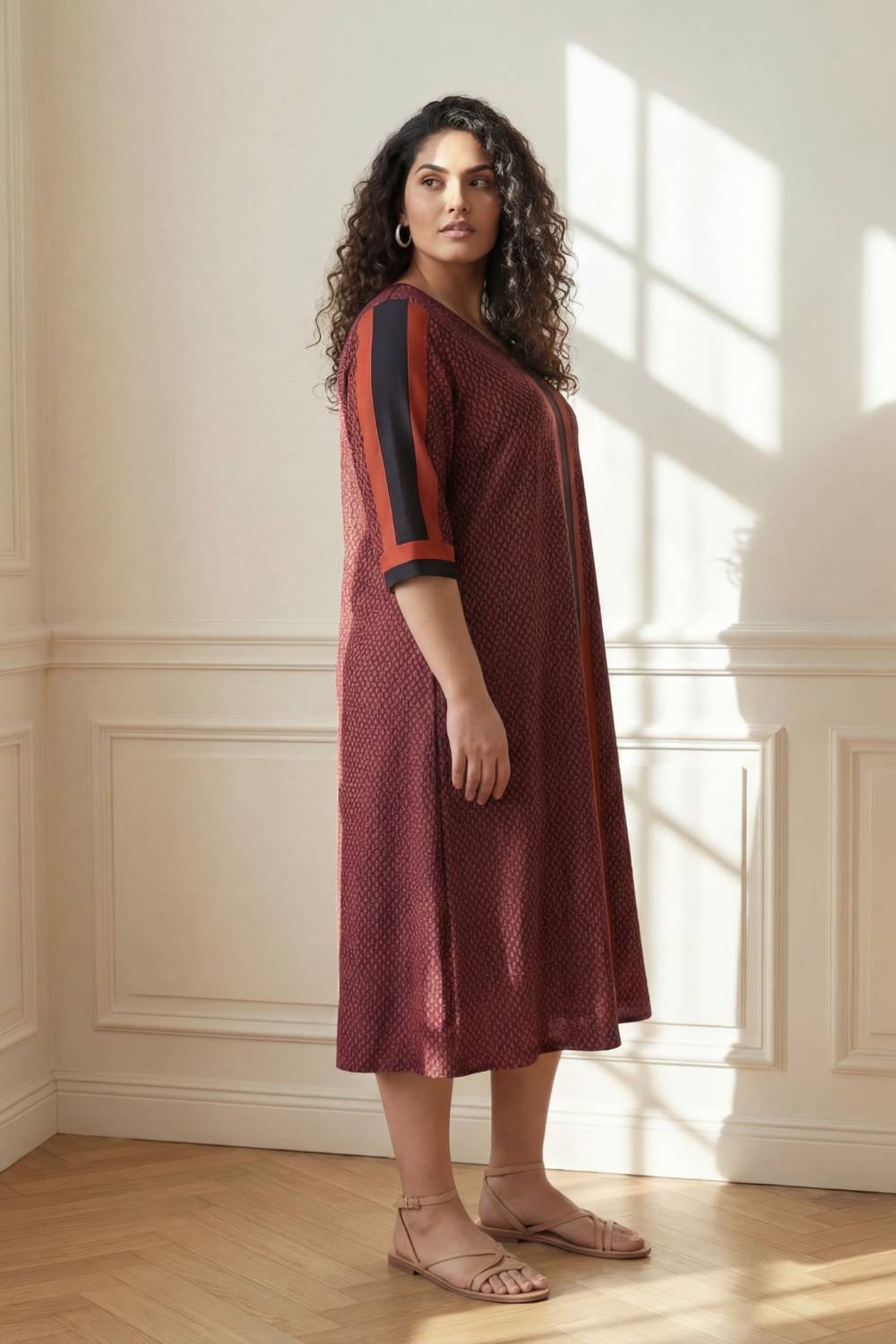 Comfortable Plus Size Rust Geometric Print A-Line Dress
