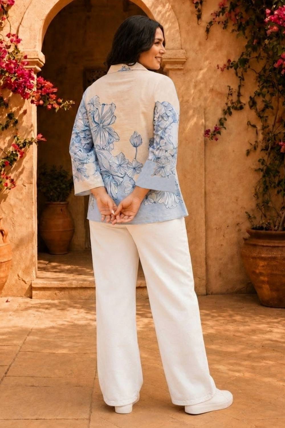 Comfortable Plus Size Blue Floral Print Cotton Top